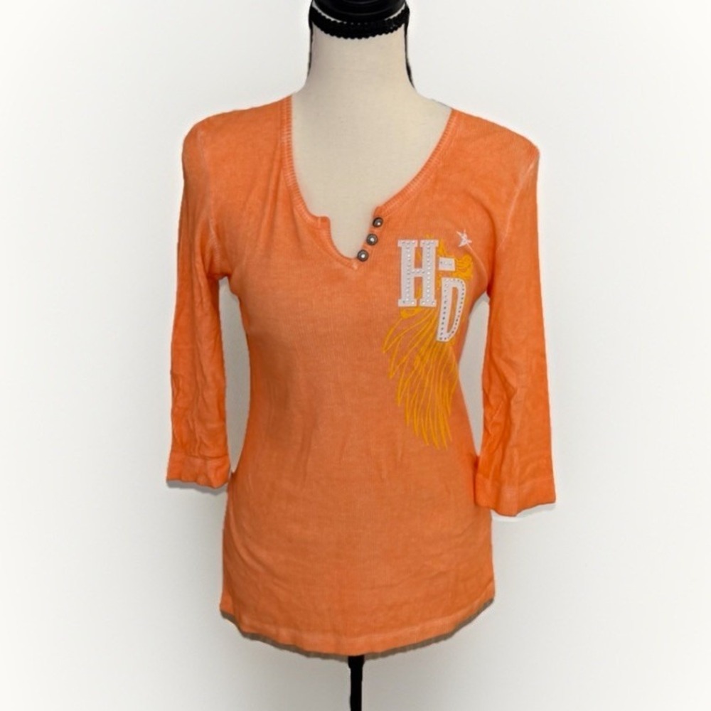 Harley Davidson Ribbed Y2K Orange Henley Top Womens Small Biker - Picture 2 of 8